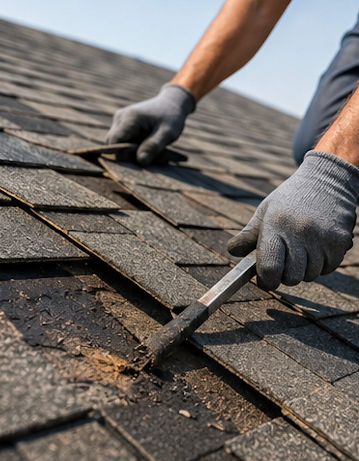 Roofer replacing storm-damaged shingles in Central Arkansas